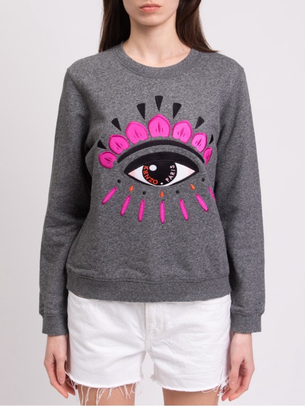 KENZO heather grey eye sweatshirt with pink and black embroidery